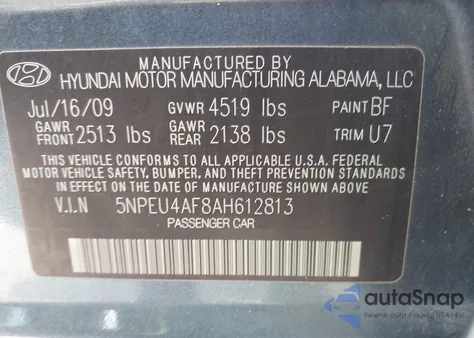 2010 Hyundai Sonata Se V6 z USA, uszkodzony, nr VIN 5NPEU4AF8AH612813